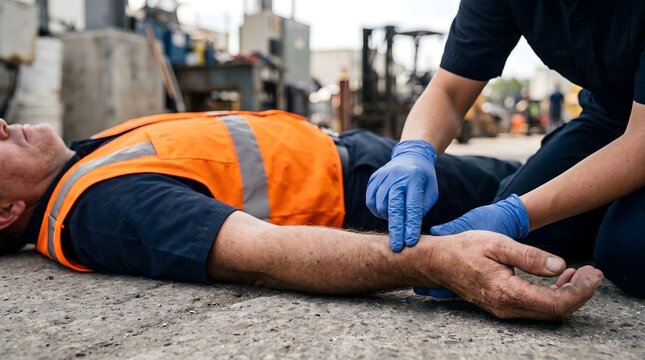 Paramedic checking pulse of an injured warehouse worker wearing a safety vest on the ground after an industrial accident for workplace safety and first aid training.