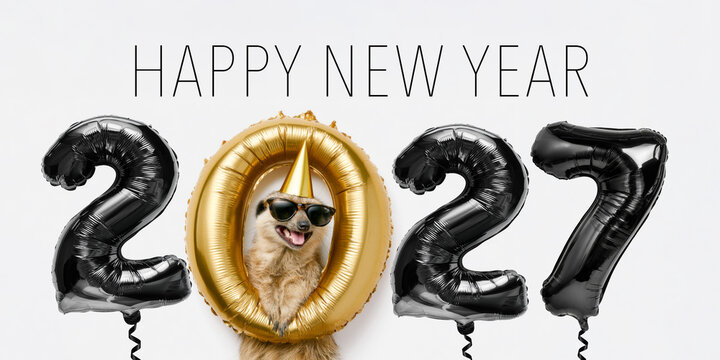 happy new year, new year's eve party, celebration greeting card with text - Funny meerkat with party hat, sunglasses and year 2027, isolated on white background