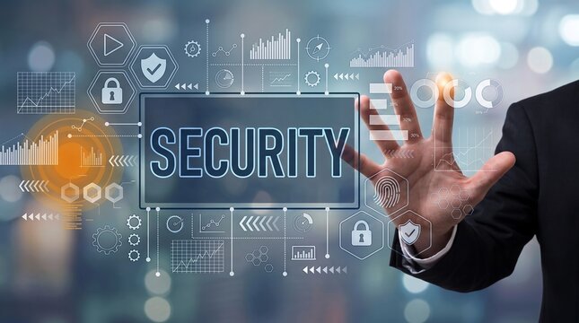 Businessman activating holographic security dashboard with fingerprint and lock icons