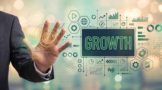 Businessman touching holographic growth chart interface with glowing data icons