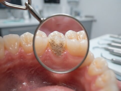 Closeup of a dental model showing a tooth with a cavity filled with food debris, viewed through a dentists mouth mirror in a clinical setting