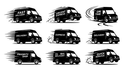 Obraz premium Delivery trucks set with dynamic motion lines featuring fast delivery, urgent express, priority ship with quick service and global delivery