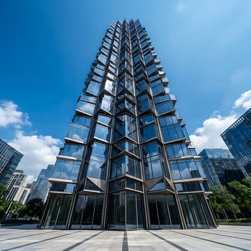 Modern skyscraper with geometric glass facade and sharp architectural angles, rising against a clear blue sky in a contemporary urban business district