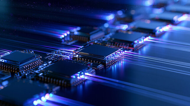 Transparent AI processors linked by transparent optical fibers representing high speed interconnects photonic computing data transmission and future network infrastructure