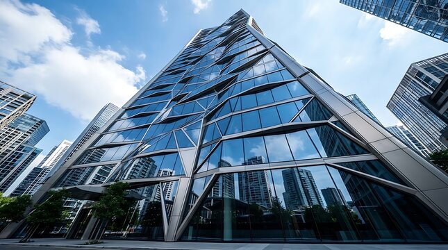 Modern glass skyscraper with geometric steel facade design in a bustling city center, showcasing contemporary architectural style and urban development