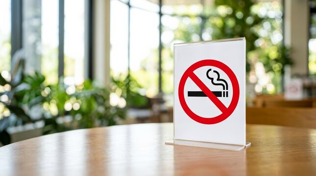A no smoking sign stands on a wooden table inside a coffee cafe.