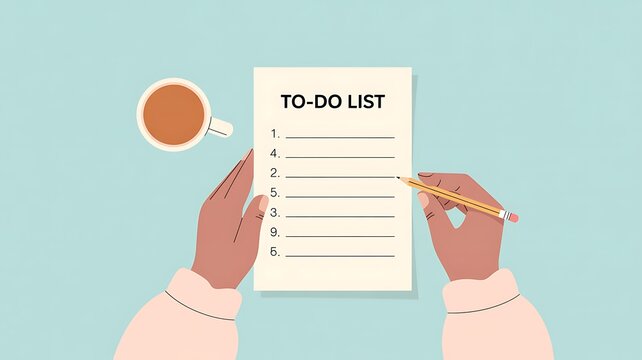 Person writing on a paper to do list with a coffee cup