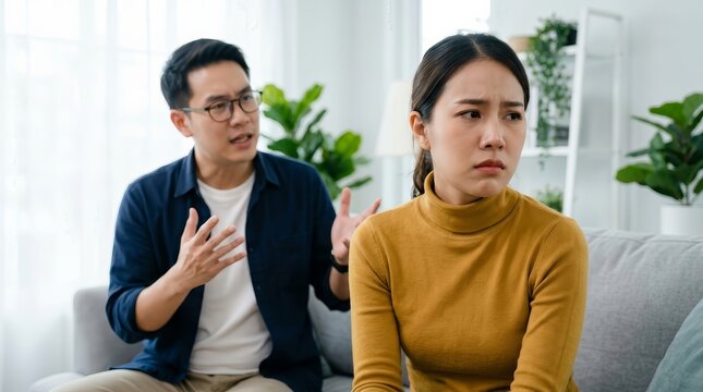 Anxious Asian young couple in a relationship trouble having a heated quarrel.