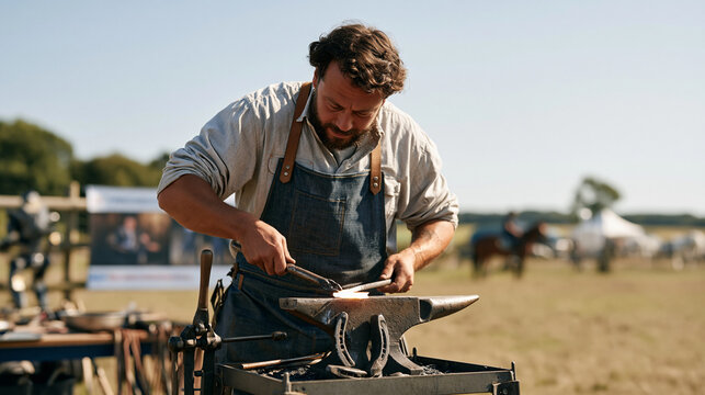 A farrier shapes a glowing horseshoe on a portable anvil under harsh midday sun in an open field, exoskeleton spinal injury rehabilitation concept imagery printed on a safety