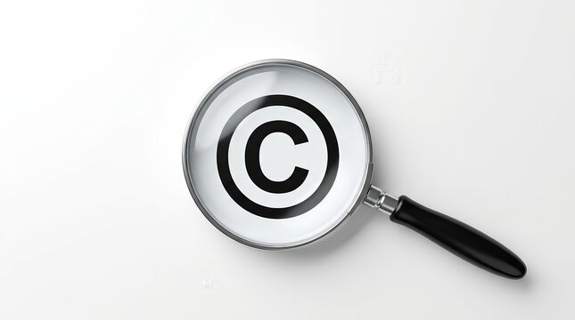 A magnifying glass magnifies a copyright symbol on a white background for intellectual property concepts.