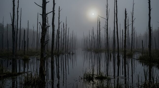 Dark skeletal trees emerge from tranquil swamp water in misty nighttime setting under bright moon providing haunting visual backdrop for atmospheric thriller projects.