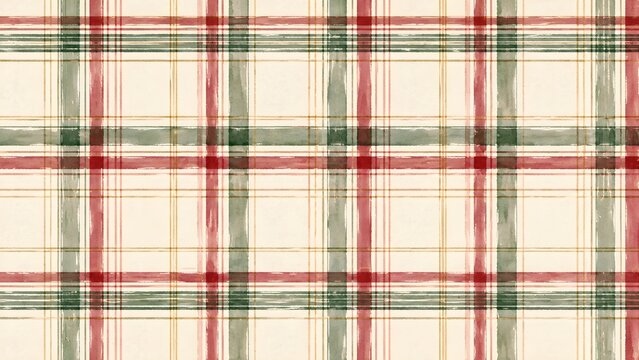 Seamless watercolor plaid pattern with red and green stripes on a cream background