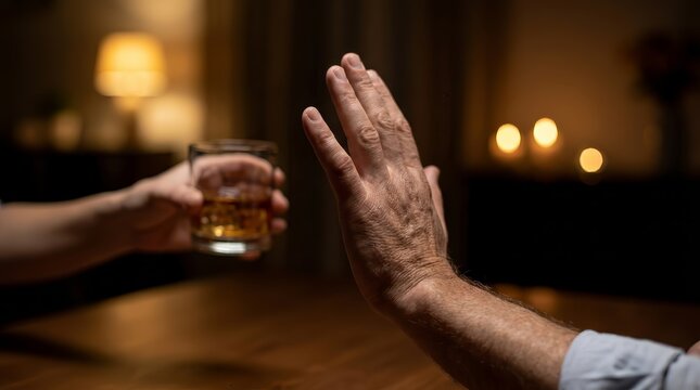 Sad depressed Asian young man refusing a glass of whiskey to fight alcoholism.