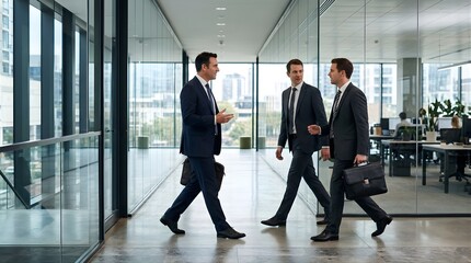 Fototapeta premium Three professional businessmen in suits walking and talking in office hallway