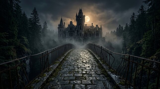 Ancient stone bridge leads toward foggy gothic castle shrouded in mist under glowing full moon ideal for epic fantasy adventures and dramatic historical novel cover designs.