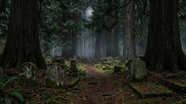 Old mossy gravestones sit inside dark gloomy ancient pine forest under glowing full moon night sky perfect for haunting atmospheric halloween background photography concepts.