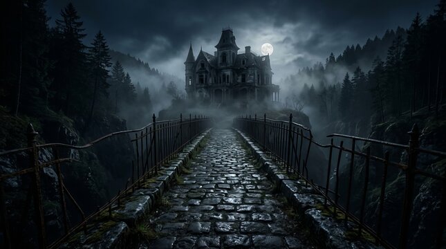 Victorian haunted mansion on cliff reached by old stone bridge under moonlight serves as dramatic backdrop for cinematic horror concepts and gothic architectural design themes.