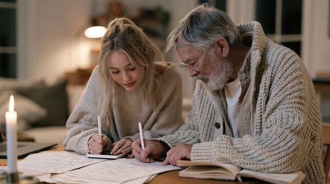 A seasoned playwright and teenage co writer sit at a candlelit study table covered in handwritten screenplay drafts, their generational contrast vivid as the elder circles