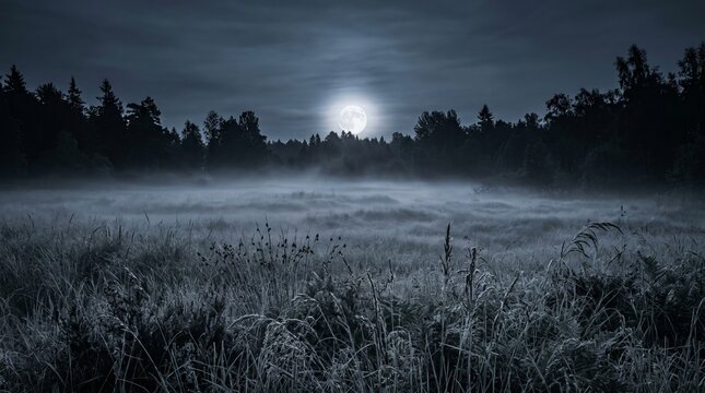 Foggy meadow at night with glowing full moon over silhouette forest horizon provides tranquil yet mysterious atmosphere for environmental concepts and nature based backgrounds.