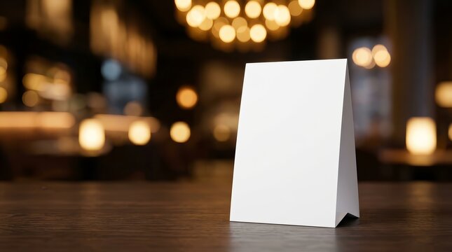 Blank white menu tent card mockup standing on a wooden table.