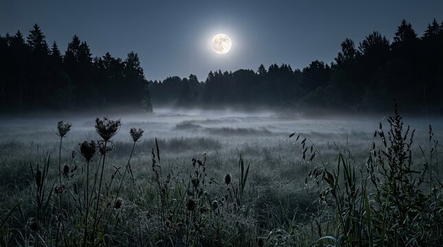 Misty nocturnal grassland with clear bright moon and foreground plant silhouettes works well for peaceful night photography themes or dark outdoor lifestyle design projects today.
