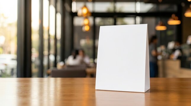 Blank white menu tent card mockup on a wooden table in a blurred restaurant setting.