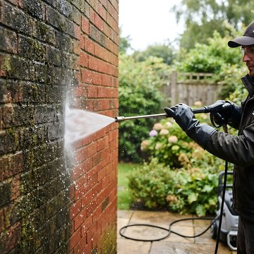 Professional pressure washing a dirty brick wall in a garden setting, removing moss and grime with a highpressure water jet cleaner