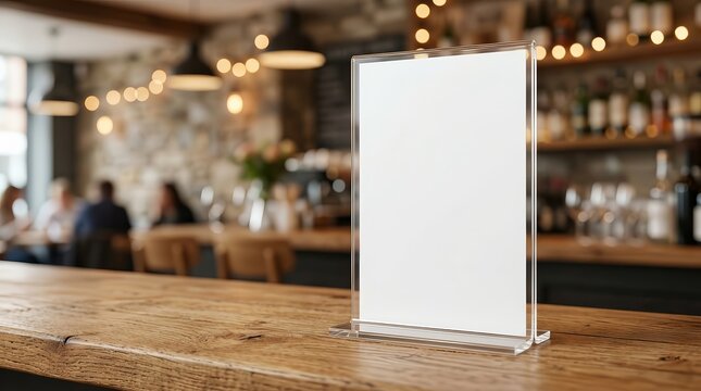 Blank white menu tent card mockup on a wooden bar counter with a blurred restaurant background.
