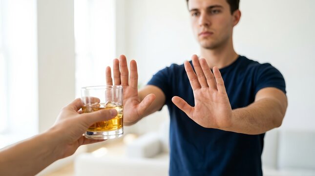 A man refuses to drink whiskey by making a hand stop sign to avoid alcohol.