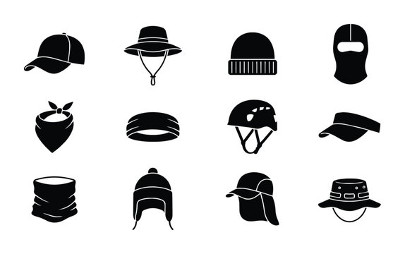 Headwear Icons Collection, Diverse Headwear Silhouettes, Outdoor Gear Symbols, 12 Black Vector Graphics for Fashion and Sports
