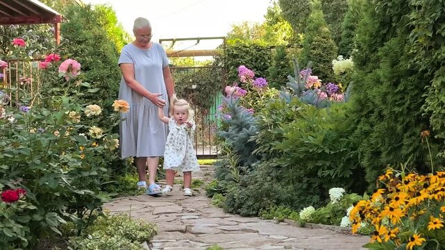 Grandmother walks with her toddler granddaughter through a blooming flower garden, family bonding, summer nature, childhood exploration and leisure.