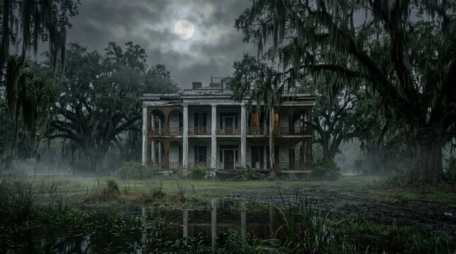 Abandoned southern gothic style plantation house with rotting wooden porches surrounded by mossy oak trees and swampy wetlands under gloomy moonlit cloudy night sky mood.