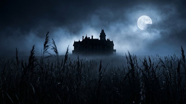 Victorian gothic mansion sits silhouetted against glowing full moon in dark misty cornfield providing perfect atmospheric backdrop for horror cinema or halloween promotions.
