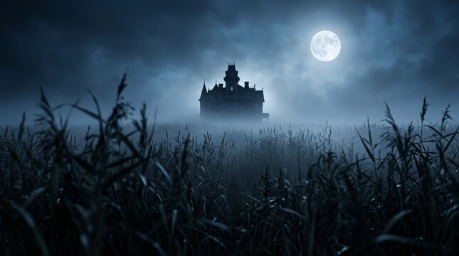 Old victorian manor house stands isolated in foggy meadow under bright moonlight creating moody cinematic scene for supernatural mystery covers or gothic aesthetic designs.