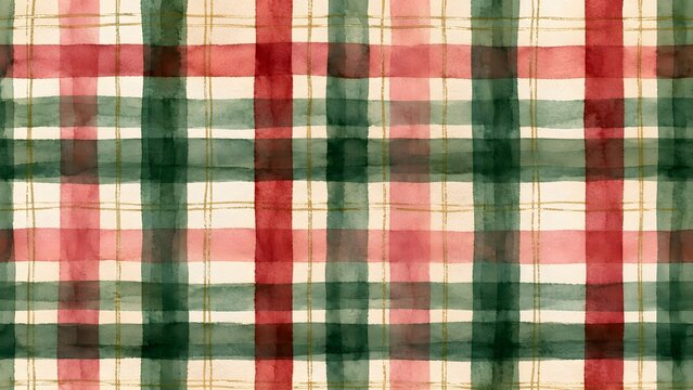 Watercolor christmas plaid pattern with red and green stripes and gold lines