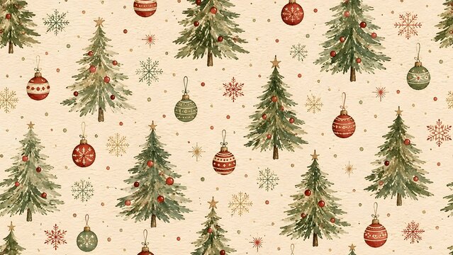 Seamless christmas pattern with watercolor pine trees, ornaments, and snowflakes on a vintage beige paper texture background