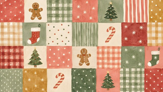 Seamless christmas patchwork pattern with gingerbread men, stockings, candy canes, and festive trees in watercolor style