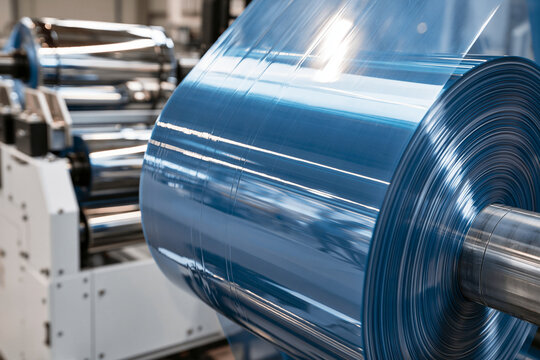 A large roll of transparent plastic film feeds through industrial rollers in a modern manufacturing facility. Useful for industrial supply and packaging technology concepts.