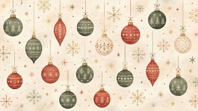 Watercolor christmas ornaments and snowflakes seamless pattern