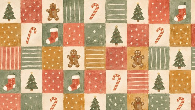 Seamless christmas pattern with gingerbread men, pine trees, stockings, and candy canes in a watercolor patchwork style