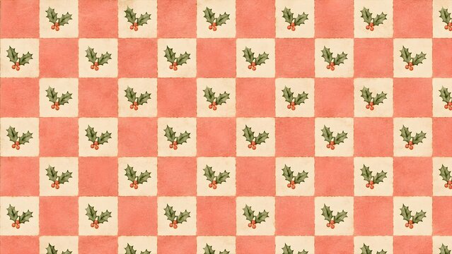 Seamless christmas pattern with watercolor holly leaves and berries on a red and cream checkered background