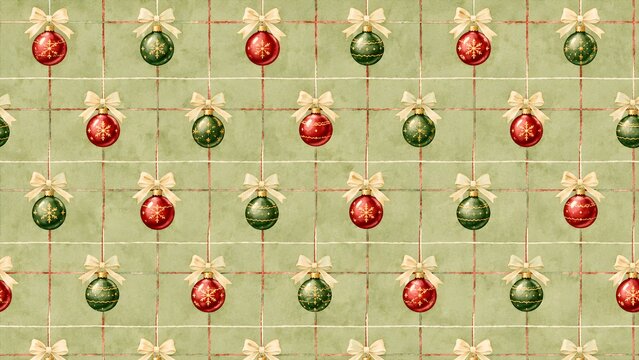 Seamless christmas pattern with red and green ornaments and bows on a textured sage green background