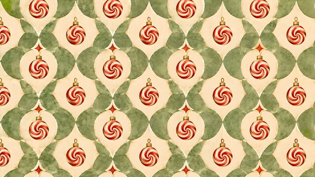 Seamless christmas pattern with red and white peppermint candy ornaments and green decorative shapes on a vintage cream background