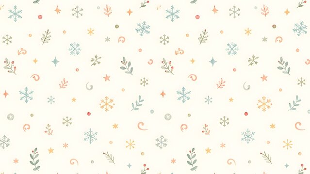 Seamless pattern with watercolor winter elements like snowflakes, sprigs, and stars on a light cream background