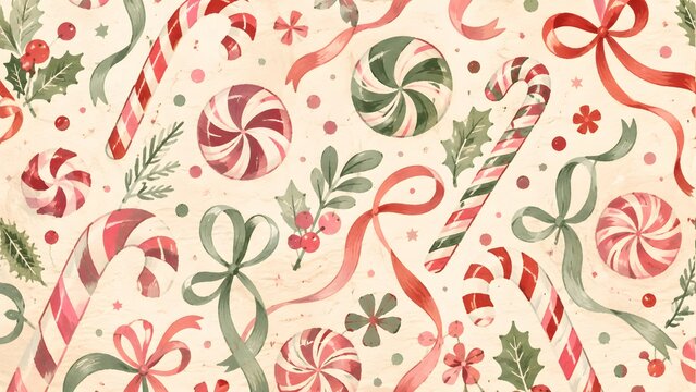Seamless christmas pattern with candy canes, peppermint swirls, holly leaves, and red ribbons on a vintage textured background