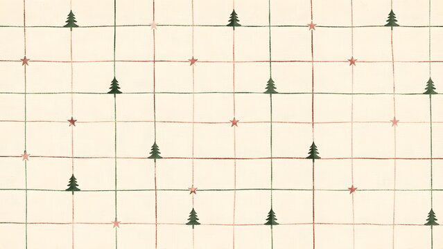 Seamless christmas pattern with handdrawn green pine trees and pink stars on a cream grid background