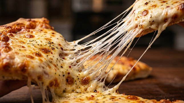 Close up of a delicious pizza slice with melting mozzarella cheese strings pulling away.