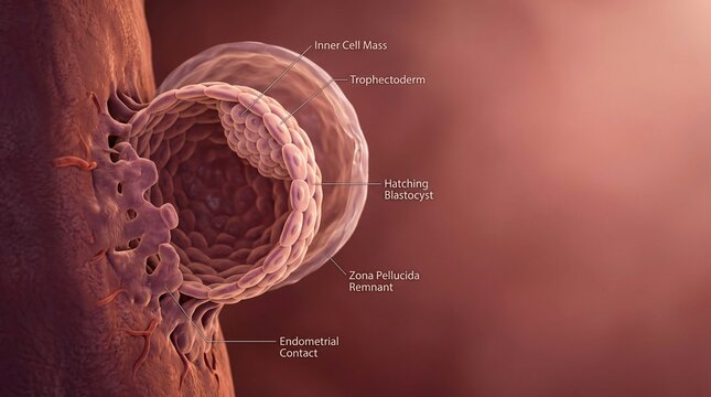 3D medical illustration of a hatching blastocyst implanting into the uterine endometrial lining