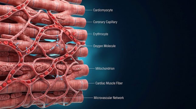 3D medical illustration of cardiac muscle fibers with coronary capillaries and oxygen molecules