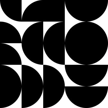 Black and white circular geometric pattern with semicircles and curved shapes arranged in a square grid PNG Isolated on Transparent Background